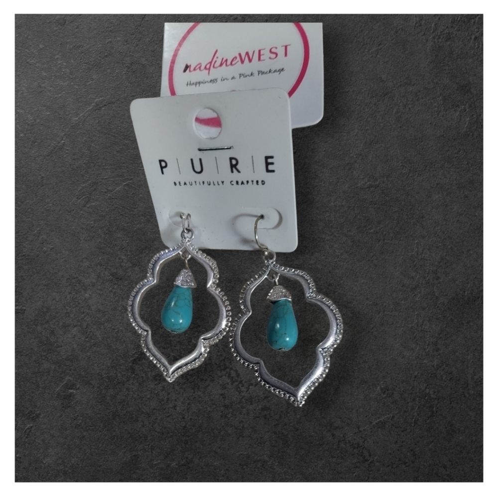 NWT PURE for Nadine West Silver Openframe Turquoise Drop Earrings ~1 3/4"